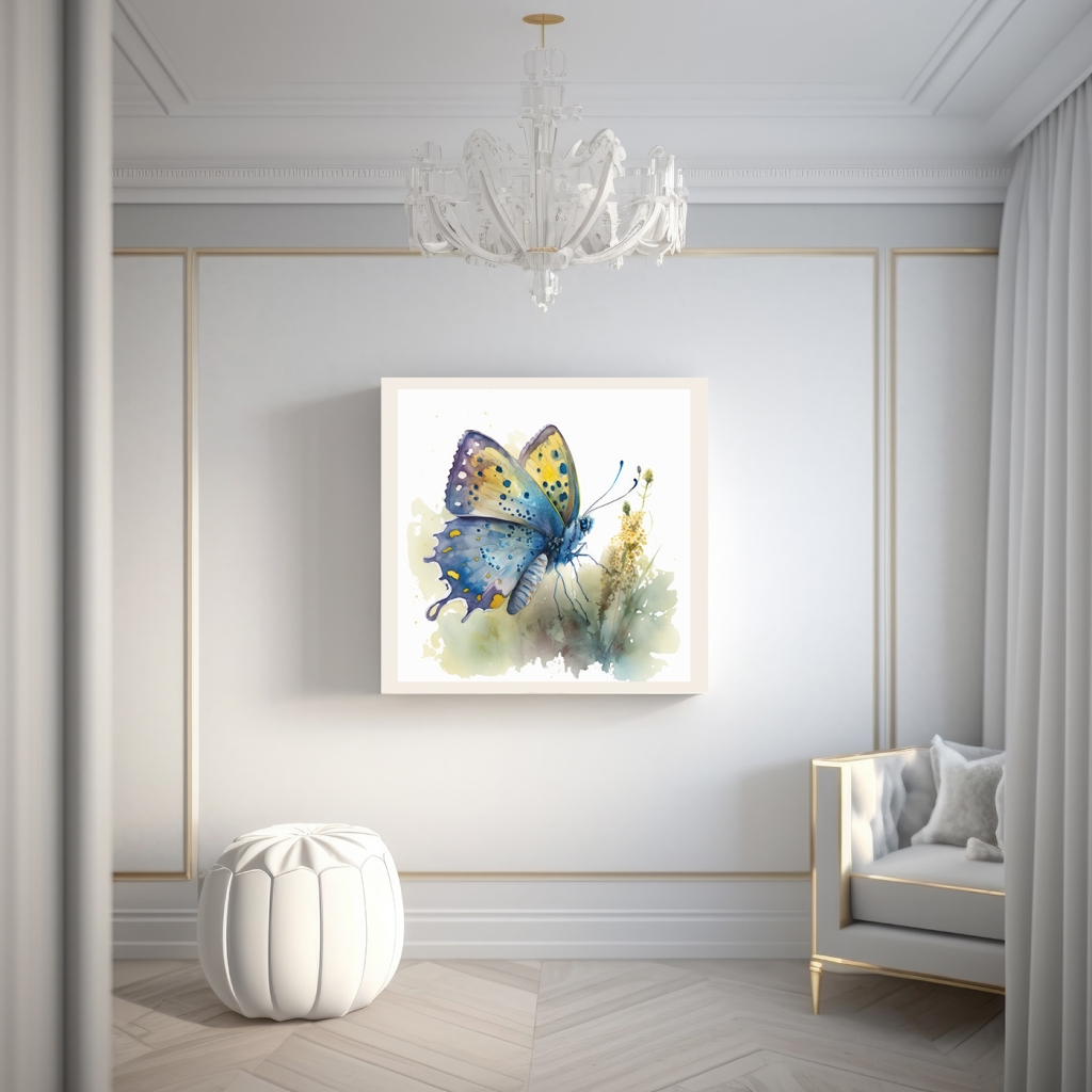 Blue and yellow watercolor of a butterfly featured in a living room.