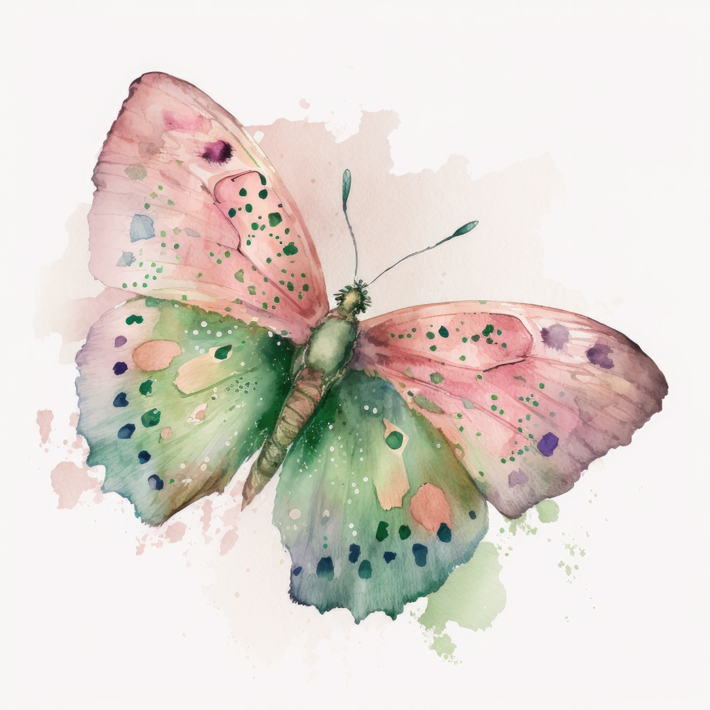 Pink and green watercolor of a butterfly